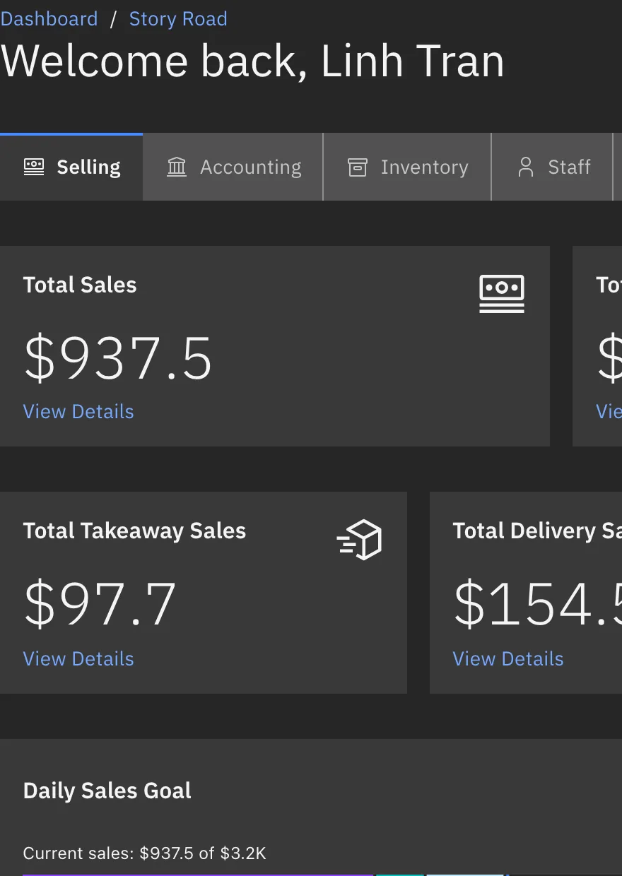 The Restavo selling dashboard: today's revenue against the branch's daily goal