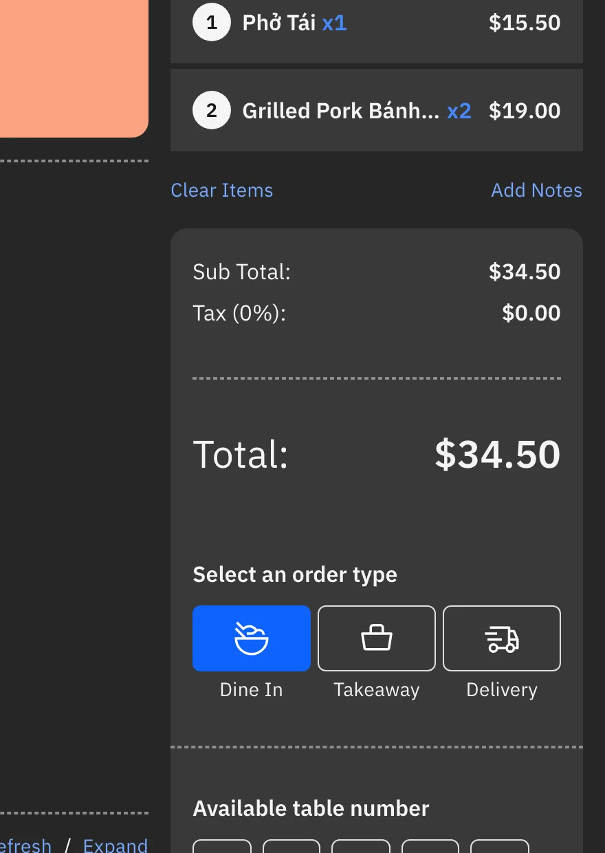 Point of sale: menu grid, cart and recent orders