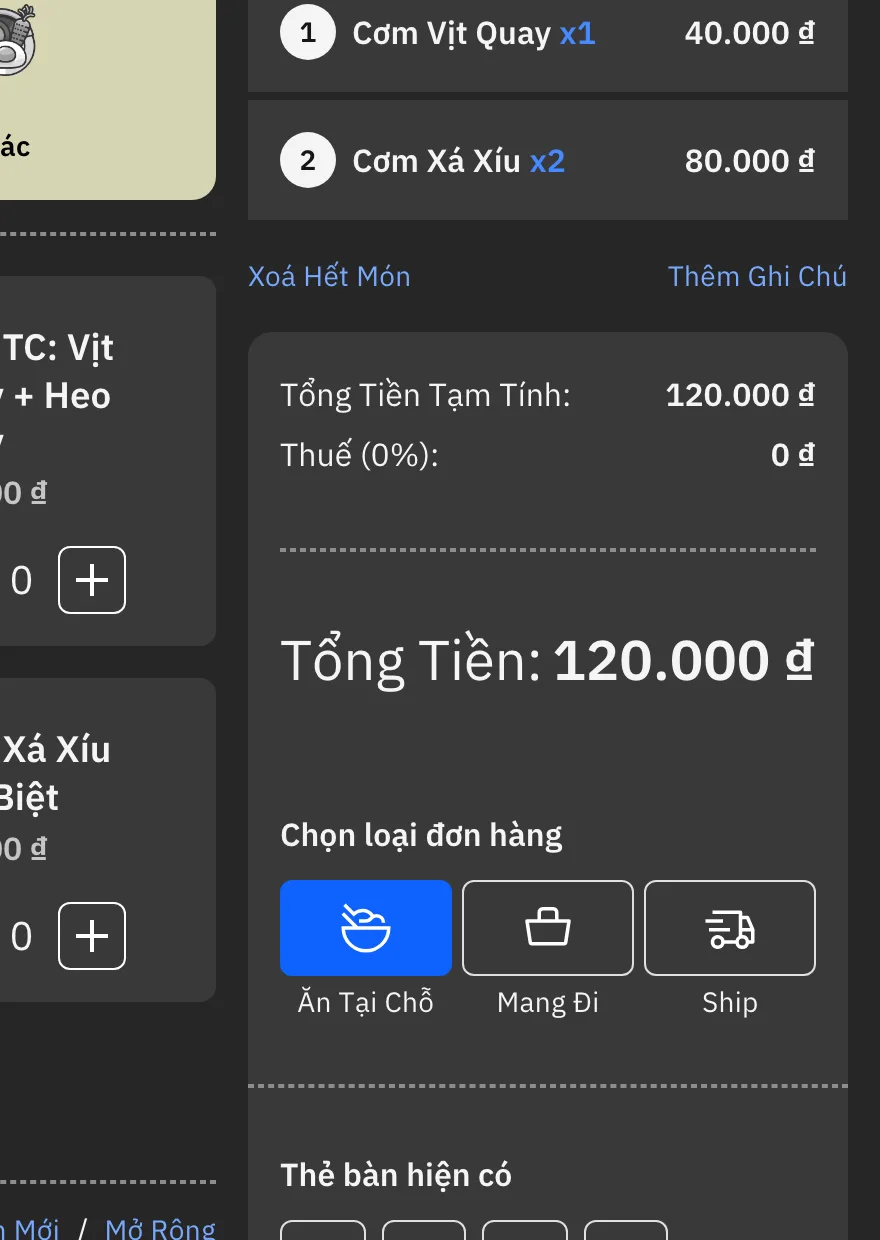 Màn hình bán hàng: thực đơn, giỏ hàng và đơn gần đây